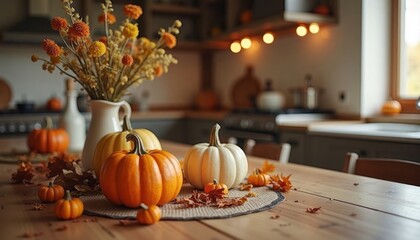 Autumnal kitchen table setting with pumpkins, flowers. Decorated wooden table with pumpkins, fall leaves. Warm lighting creates cozy atmosphere in home kitchen. Plenty of copy space available for