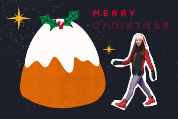 Trend artwork composite 3D photo collage design of winter holiday xmas newyear season greeting card young lady walk tradition cake eat