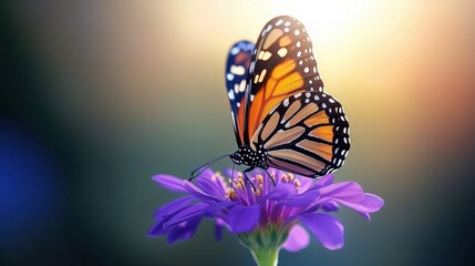 Obraz premium A vibrant butterfly resting on a purple flower with a soft blurred background.