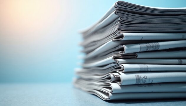 Neatly stacked newspapers sit on table against soft blue, white gradient background. Close up view highlights details in printed material, subtle hues. Informative news content evident. Possible