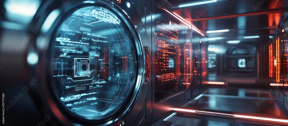 Poster futuristic server room with glowing screens displaying digital data.