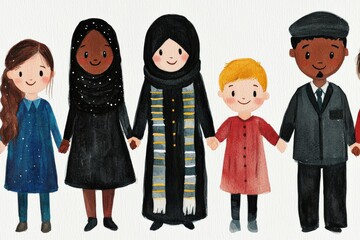 Diverse Group of Children Holding Hands Community Event Illustrative Art Whimsical Background Joyful Perspective Unity Concept
