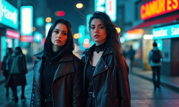 Video of a  a cyberpunk street scene at night, featuring a Hispanic female male.
