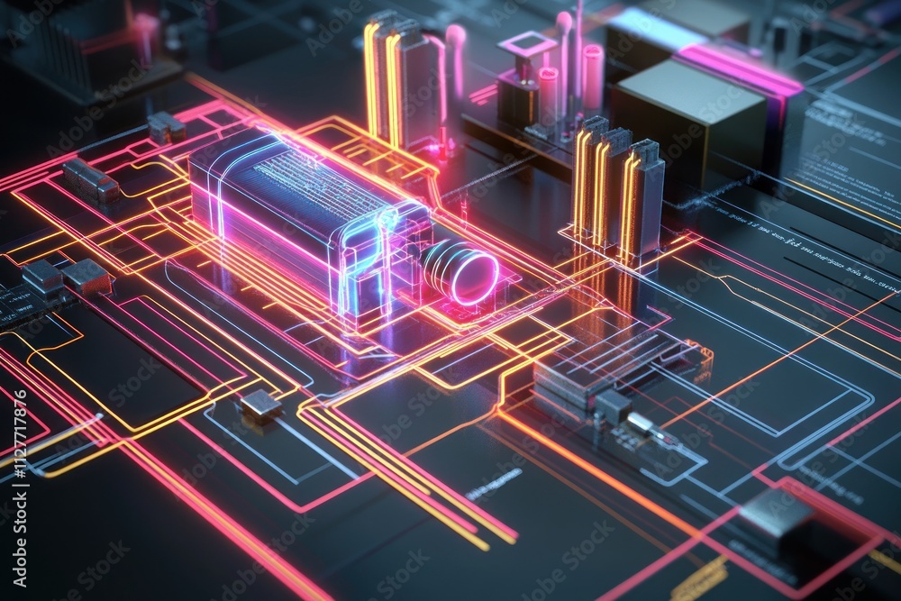 Poster futuristic glowing circuitry with a central technological component.