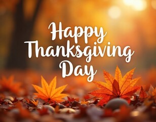Autumn leaves Thanksgiving Day greeting. Bright orange, red autumn leaves on ground. Happy Thanksgiving Day text in white on blurry autumnal background. Bokeh effect creates warm ambiance. Autumn