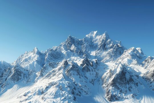 Majestic snow-capped mountain peaks rising against a clear blue sky.