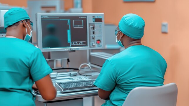 Surgeons Analyzing Medical Data in Operating Room Healthcare Facility Digital Monitoring Clinical Environment Professional Perspective Patient Care Insights