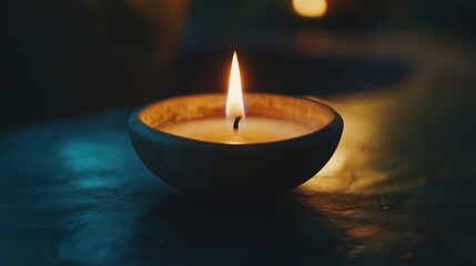 A lit candle in a small bowl, casting a warm glow in a dimly lit environment.