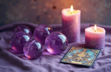 Purple crystal spheres rest on soft fabric. Tarot card, candles add mystical ambiance. Scene of divination spiritual practice. Soft purple lighting creates calming atmosphere. Purple objects