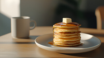 golden pancakes, maple syrup, fluffy stack, breakfast treat, brunch delight, simple breakfast, rustic morning, sweet indulgence, cozy meal, homemade pancakes, minimal dining, morning light