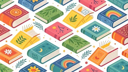 seamless pattern with bright books, white background