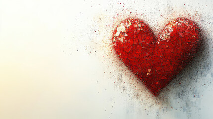 vibrant red polygonal heart made of fragmented shapes, symbolizing love and emotion, set against soft, neutral background
