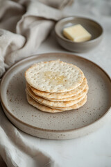 crispy crackers, butter snack, plain biscuits, flaky stack, rustic plate, simple snack, golden crackers, baked treat, savory snack, cozy food, natural light, wholesome bite, clean appetizer, crunchy
