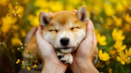 Puppy napping in flower garden