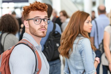 Fototapeta premium Traveling Young Man and Woman in Busy Airport Terminal Candid Photography Modern Environment Urban Viewpoint Adventure Concept