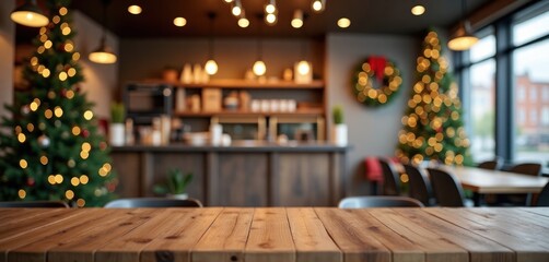 Empty wooden table in modern coffee shop. Christmas lights, trees out of focus in background. Cozy festive atmosphere. Ideal for product placement holiday promotions. Warm lighting creates inviting