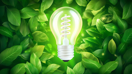 Energy efficient light bulb with green leaves on a green background for energy saving and environmental protection. Lumina. Illustration