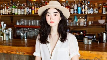 Charming Bartender Serving Craft Cocktails Cozy Bar Setting Portrait Photography Warm Atmosphere Close-Up Hospitality Vibe