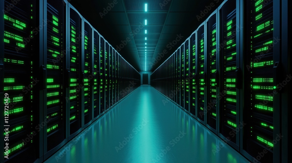Poster Dark data center hallway lined with server racks. Glowing green lights indicate active processing units. Tech infrastructure creates unseen power for generative AI. Modern tech center efficient