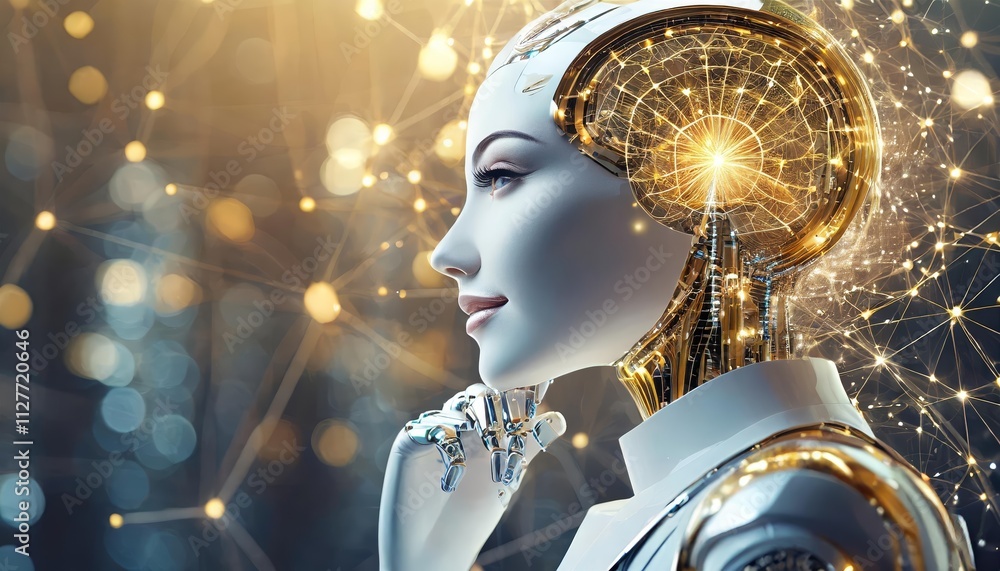 Poster a close-up of a humanoid cyber girl with a neural network deep in thought, showcasing the intricate 