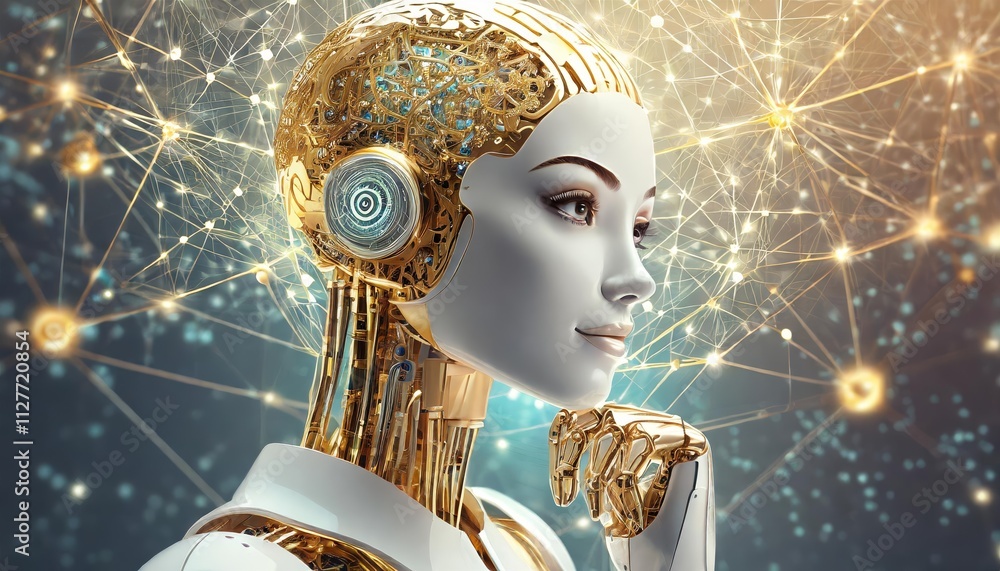 Poster a close-up of a humanoid cyber girl with a neural network deep in thought: a glimpse into the future