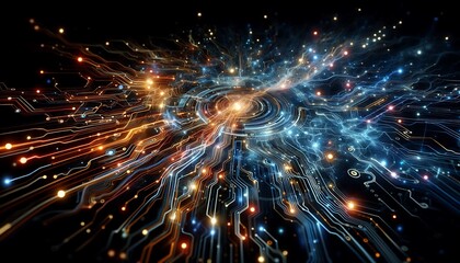 Naklejka premium dynamic glowing circuits spreading across a dark background, forming intricate futuristic patterns