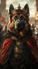 A majestic dog wearing crown and royal attire stands confidently, exuding power and nobility. background features medieval setting with soldiers