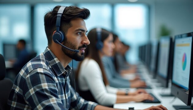 Indian man working at call center in India. Focused call center employee wears headphones, plaid shirt. Sitting in front of computer. Many employees working in room. Business environment visible.