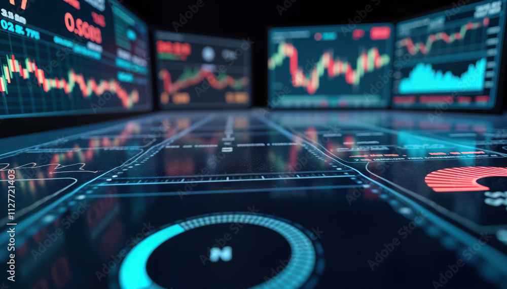 Aufkleber Futuristic holographic stock market dashboard displays info on multiple screens. Visualisation shows financial data like stock exchange information. Dynamic digital display shows graphs of stock