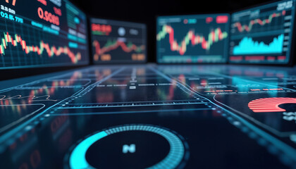 Futuristic holographic stock market dashboard displays info on multiple screens. Visualisation shows financial data like stock exchange information. Dynamic digital display shows graphs of stock