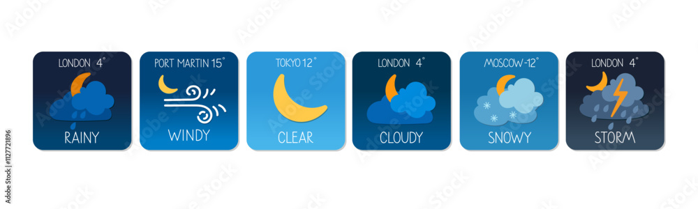 Wall mural various weather conditions displayed with icons for different locations in the world