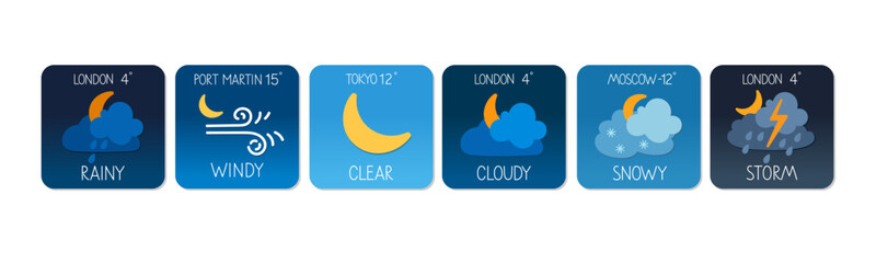 Various weather conditions displayed with icons for different locations in the world