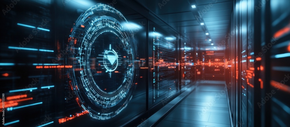 Poster futuristic server room corridor with holographic data interface.