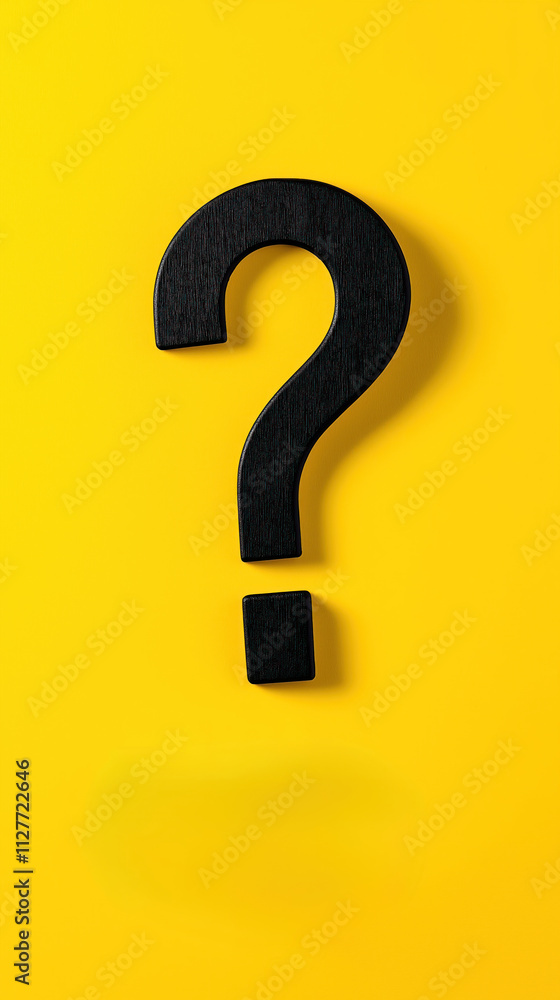 Aufkleber Black question mark on yellow background. Simple illustration suitable for business concepts. Image highlights ideas, questions. Creative graphic design for problem solving, assistance. Modern design