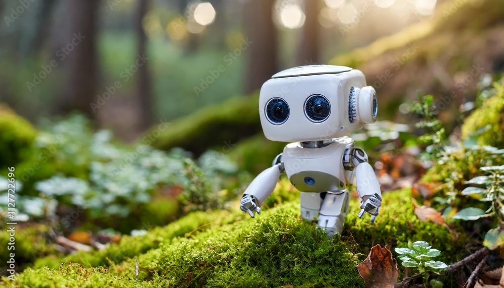 Poster a cute tiny modern robot strolling through the woods: a whimsical adventure of nature and technology