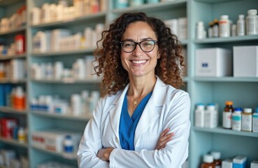 Smiling female pharmacist stands in pharmacy. She wears a white coat and glasses. Pharmacy shelves filled with medicine are in the background. Friendly and professional image for health care.