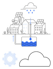 Rain falling on buildings with solar panels, water collected in underground tank. Ideal for sustainability, environmental education, urban planning, renewable energy, water conservation