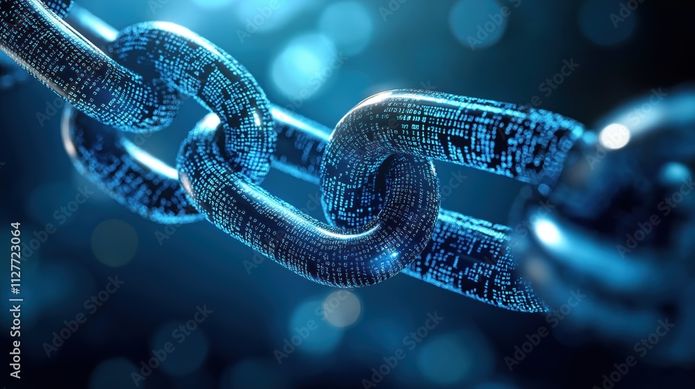 Fototapete Digital chain links form network on deep blue background. Interconnected tech elements showcase strong data flow. Image evokes concepts of security, connectivity in digital world. Futuristic pattern