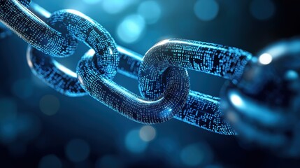 Digital chain links form network on deep blue background. Interconnected tech elements showcase strong data flow. Image evokes concepts of security, connectivity in digital world. Futuristic pattern