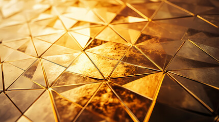 A captivating close-up of geometric metallic tiles reflecting warm golden hues, creating a sense of industrial elegance and modern sophistication. Lumina. Illustration