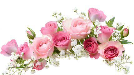 Fototapeta premium Pink rose, eustoma and gypsophila flowers in a corner floral arrangement isolated on white or transparent background