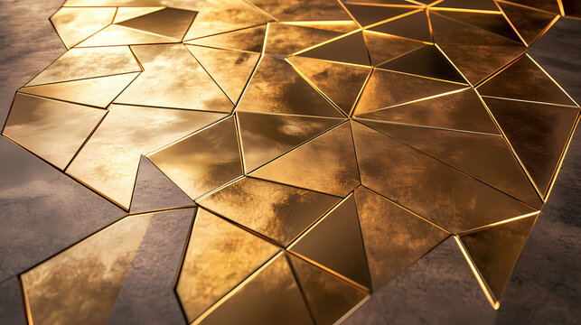 A captivating close-up of geometric metallic tiles reflecting warm golden hues, creating a sense of industrial elegance and modern sophistication. Lumina. Illustration
