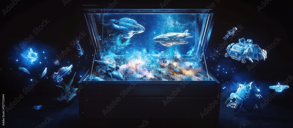Poster futuristic spaceship collection in a glowing display case.
