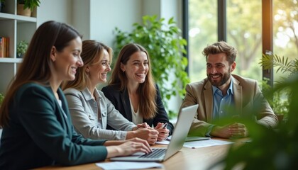 Business team productive meeting in modern office with natural light, plants. Professionals engaged in discussion, working on laptops. Eco-friendly work environment. Collaboration taking place in
