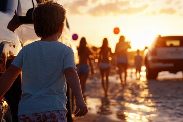 Fototapeta premium A child walks toward lively beachgoers at sunset, encapsulating the innocence of youth amidst a backdrop of vibrant colors, creating an enchanting summer evening atmosphere.