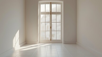 Fototapeta premium Sunlit Empty Room with Large White Paneled Window and White Tile Floor