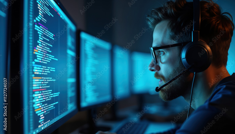 Aufkleber Focused cybersecurity analyst reviews code on multiple monitors in modern security operations center. Wears headphones, glasses. Image shows intense tech focus. Professional tech expert analyzes