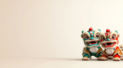 A Two lion dancers in vibrant colors stand together, showcasing their intricate designs and expressions, ready for performance