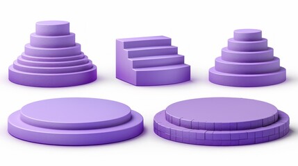 Five 3D rendered lilac platforms; circular, stepped, and tiered. Ideal for product display or presentations.