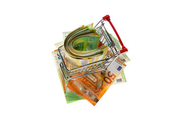 Cost of a grocery cart.Product prices. Shopping cart with euro bills isolated on white background. Prices for food and groceries.Food prices in Europe. Grocery basket in Europe.